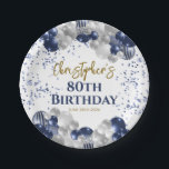 80th Birthday Party Navy Balloons Paper Plate<br><div class="desc">A gorgeous 80th birthday party or celebration paper plate. This fabulous navy blue and silver balloons design is the perfect tableware to decorate your table for an 80th celebration or eightieth party.</div>