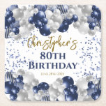 80th Birthday Party Navy Balloons Square Paper Coaster<br><div class="desc">A gorgeous 80th birthday party or celebration paper coater. This fabulous navy blue and silver balloons design is the perfect tableware to decorate your table for an 80th celebration or eightieth party.</div>