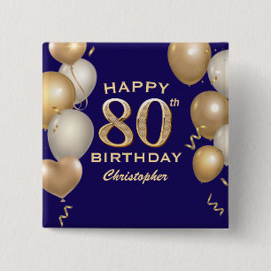80th Birthday Party Navy Blue and Gold Balloons 15 Cm Square Badge