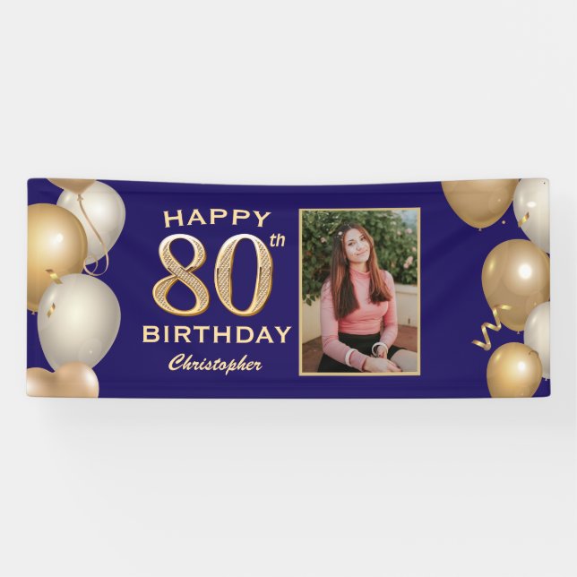 80th Birthday Party Navy Blue and Gold Balloons Banner (Horizontal)