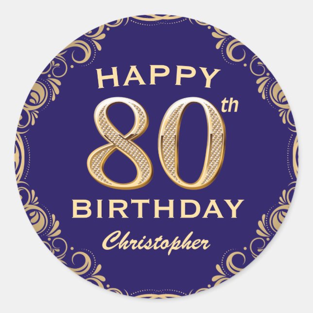 80th Birthday Party Navy Blue and Gold Glitter Classic Round Sticker (Front)