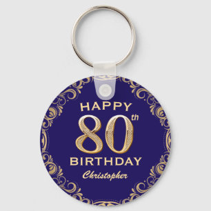 80th Birthday Party Navy Blue and Gold Glitter Key Ring