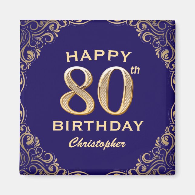 80th Birthday Party Navy Blue and Gold Glitter Magnet (Front)