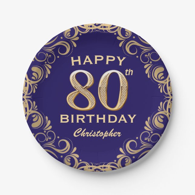 80th Birthday Party Navy Blue and Gold Glitter Paper Plate (Front)