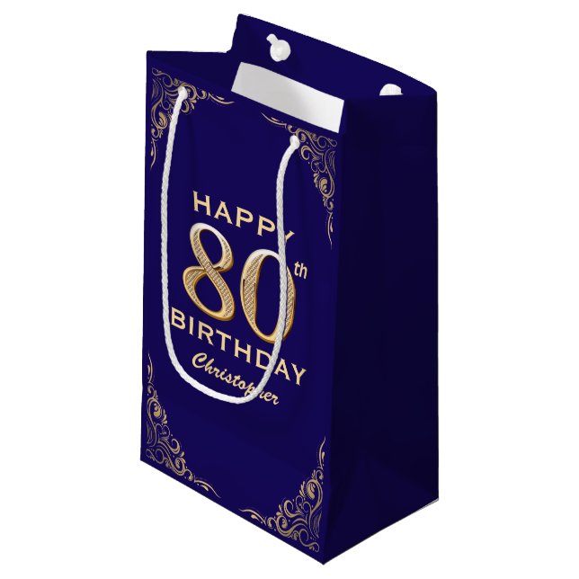 80th Birthday Party Navy Blue and Gold Glitter Small Gift Bag (Front Angled)