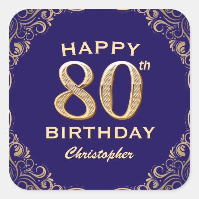 80th Birthday Party Navy Blue and Gold Glitter Square Sticker (Front)