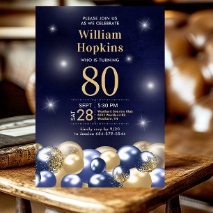 80th Birthday Party Navy Blue Gold Balloons Photo Invitation