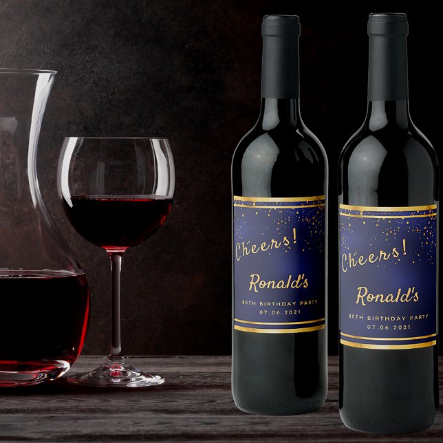 80th Birthday party navy blue gold cheers Wine Label (Creator Uploaded)