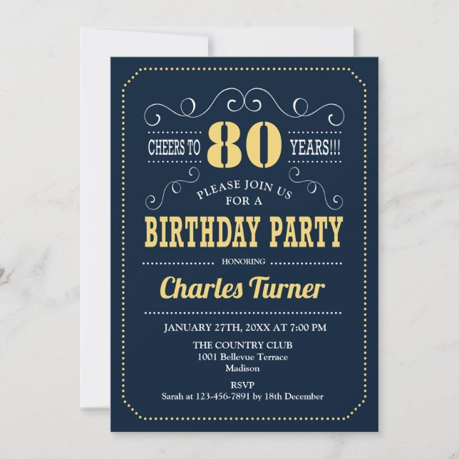 80th Birthday Party - Navy Gold Invitation (Front)