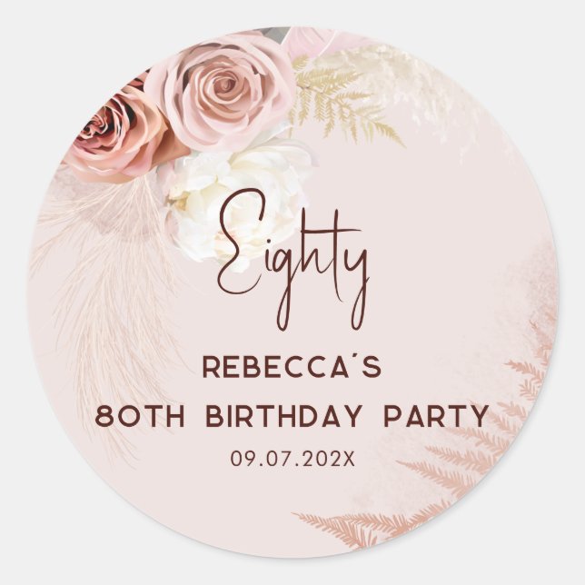 80th Birthday Party Pampas Grass Floral Classic Round Sticker (Front)