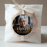 80th Birthday Party Photo Cheers Classic Round Sticker<br><div class="desc">These custom 80th birthday stickers feature the guest of honour's photo,  along with the word "Cheers" in elegant gold-coloured calligraphy script. A dark screen helps make the text pop. A great way to celebrate someone who's turning eighty!</div>