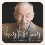 80th Birthday Party Photo Cheers Gold Script Square Paper Coaster<br><div class="desc">These custom 80th birthday coasters feature the guest of honour's personalised photo,  name,  and birthday,  along with the words "cheers to 80 years" in modern gold-coloured handwriting script. A dark screen helps make the text pop. A great way to celebrate someone who's turning eighty!</div>