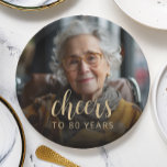 80th Birthday Party Photo Cheers Paper Plate<br><div class="desc">These custom 80th birthday paper plates feature the guest of honour's photo and birthday,  along with the word "Cheers" in elegant gold-coloured calligraphy script. A dark screen helps make the text pop. A great way to celebrate someone who's turning eighty!</div>