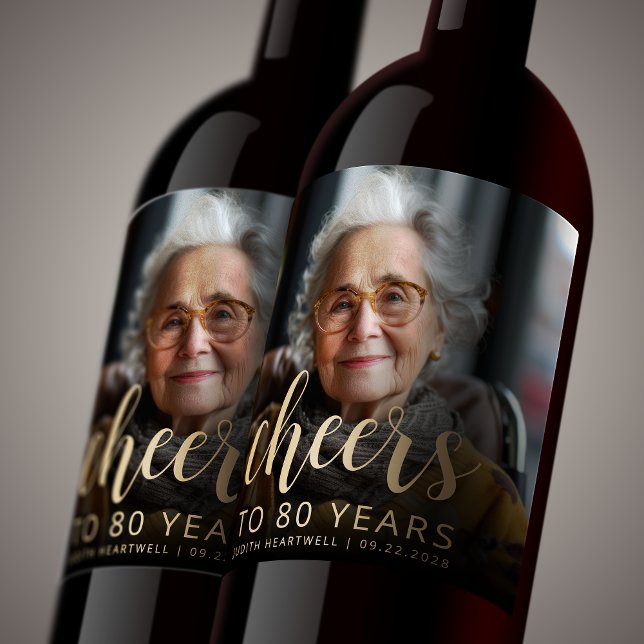 80th Birthday Party Photo Cheers Wine Label (Creator Uploaded)