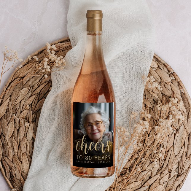 80th Birthday Party Photo Cheers Wine Label (Creator Uploaded)