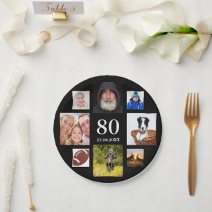 80th birthday party photo collage guy black paper plate
