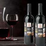 80th birthday party photo collage guy black wine label<br><div class="desc">A wine bottle label for a 80th birthday party for a guy,  celebrating his life with a collage of 8 of your own photos.  Templates for a name,  age 80 and a date.  Date of birth or the date of the party.  White coloured letters.  Black background.</div>