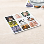 80th birthday party photo collage guy square paper coaster<br><div class="desc">A coaster for a 80th birthday party for a guy,  celebrating his life with a collage of 8 of your own photos.  Templates for the age 80 and a date.  Date of birth or the date of the party.  Black coloured letters.  White background.</div>