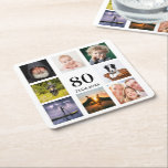 80th birthday party photo collage guy square paper coaster<br><div class="desc">A coaster for a 80th birthday party for a guy,  celebrating his life with a collage of 8 of your own photos.  Templates for the age 80 and a date.  Date of birth or the date of the party.  Black coloured letters.  White background.</div>