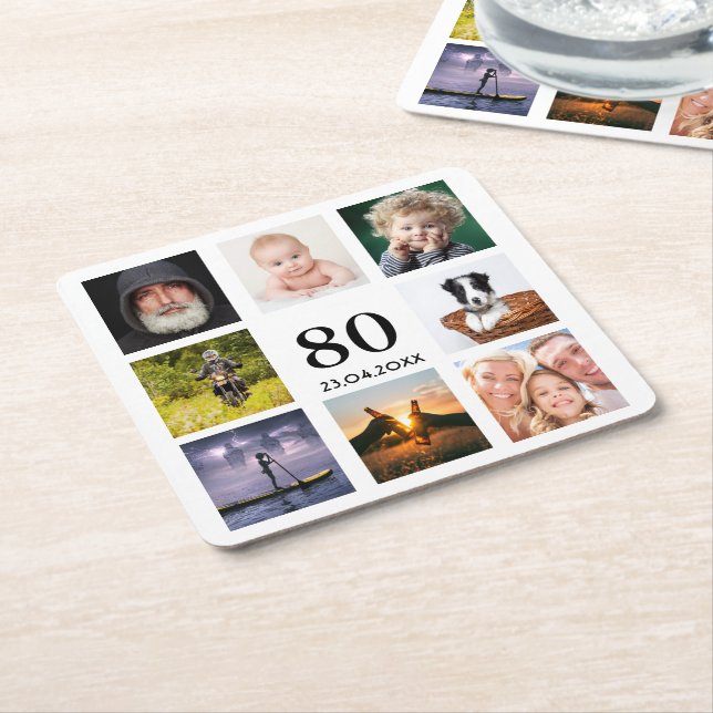 80th birthday party photo collage guy square paper coaster (Angled)