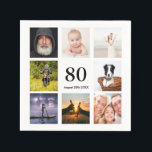 80th birthday party photo collage guys napkin<br><div class="desc">A napkin for a 80th birthday party for a guy,  celebrating his life with a collage of 8 of your photos.  Templates for the age 80 and a date.  Date of birth or the date of the party.  Black coloured letters.  White background.</div>