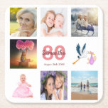 80th birthday party photo collage square paper coaster<br><div class="desc">A party coaster for a girly 80th birthday party,  celebrating her life with a collage of 8 of your photos.  Templates for a name,  age 80 and a date.  Date of birth or the date of the party.  Coral and burgundy coloured letters.  White background.</div>