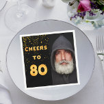 80th birthday party photo gold balloons black napkin<br><div class="desc">A napkin for guys 80th birthday party. Template for your photo. Black background and the tex: Cheers to 80.  The text is written with a trendy faux gold balloon script. With golden confetti as decor.</div>