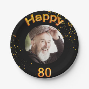 80th birthday party photo gold balloons black paper plate