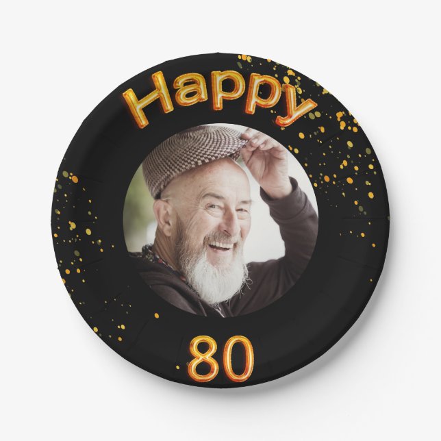 80th birthday party photo gold balloons black paper plate (Front)