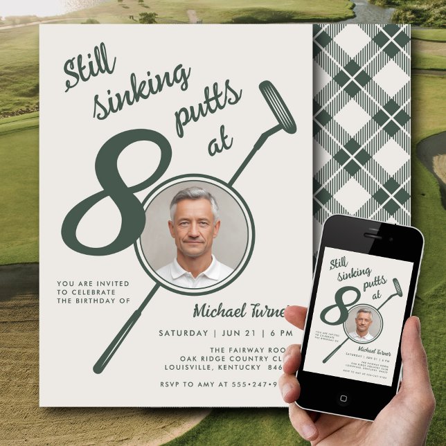 80th Birthday Party Photo Modern Golf Putter Green Invitation (Creator Uploaded)
