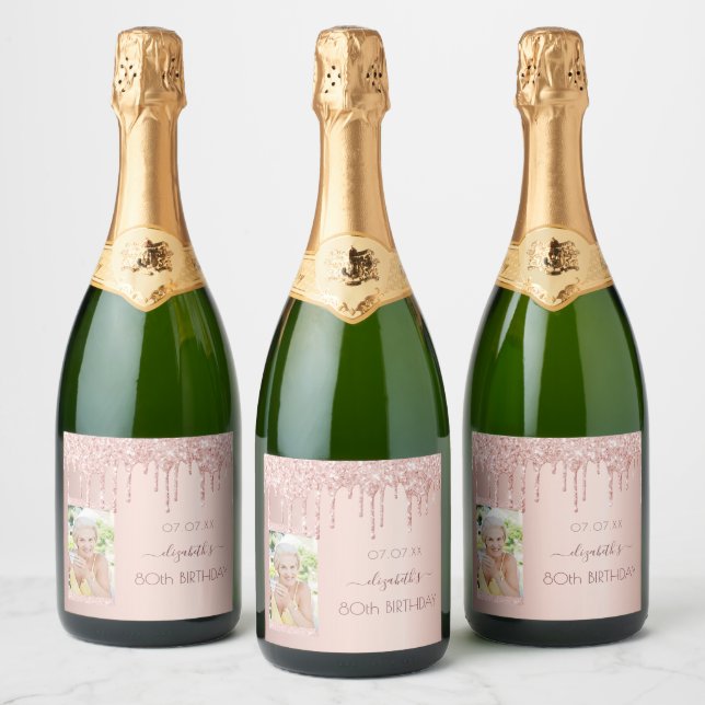 80th birthday party photo rose gold pink sparkling wine label (Bottles)