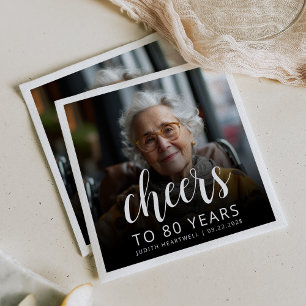 80th Birthday Party Photo White Script Cheers Napkin