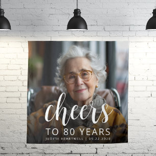 80th Birthday Party Photo White Script Cheers Tapestry