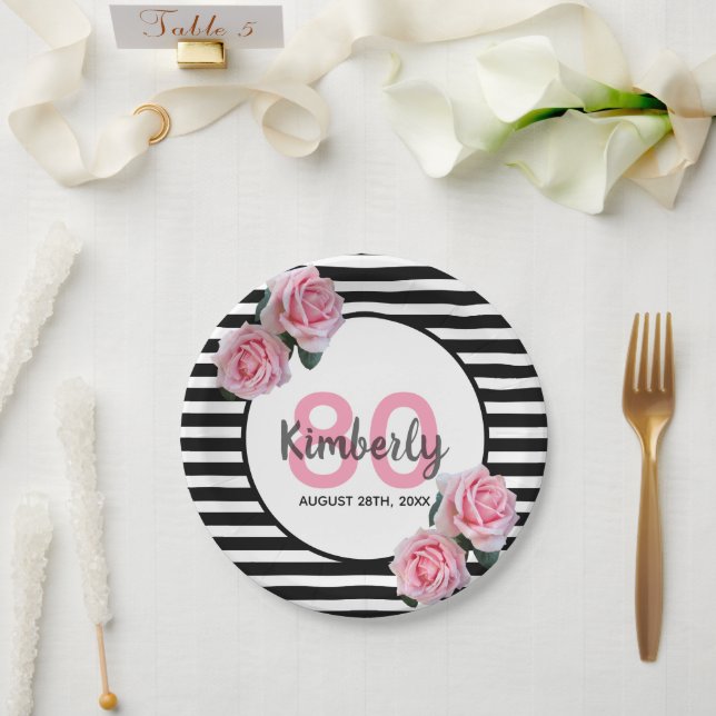 80th birthday party pink floral black stripes paper plate (Wedding)
