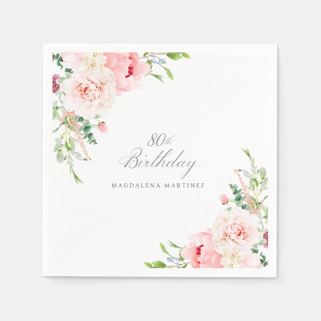 80th Birthday Party Pink Floral Custom Cocktail Napkin (Front)