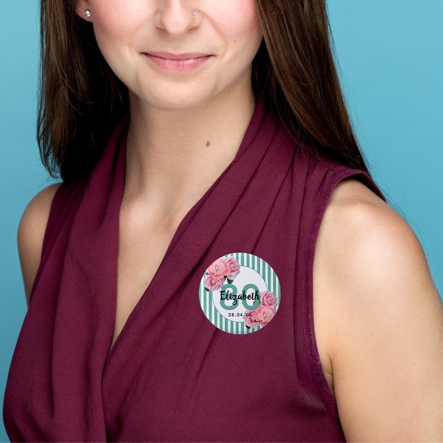 80th birthday party pink flowers teal stripes 3 cm round badge (Creator Uploaded)