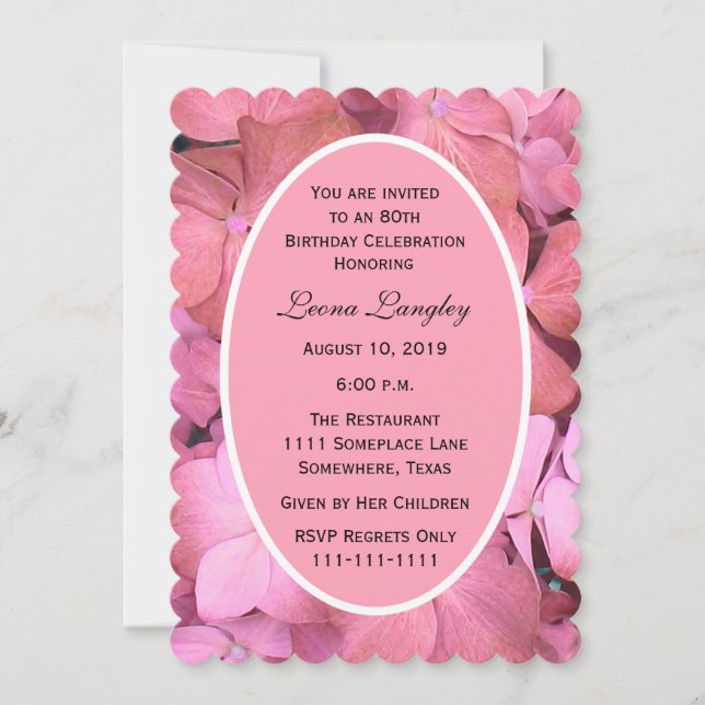 80th Birthday Party Pink Scalloped Hydrangeas Invitation (Front)