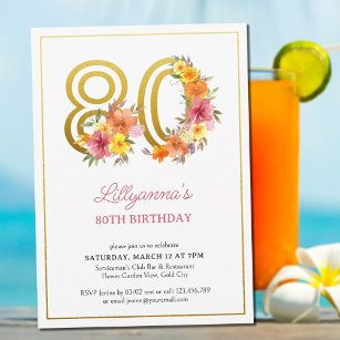 80th Birthday Party Pretty Floral Gold Number 80 I Invitation