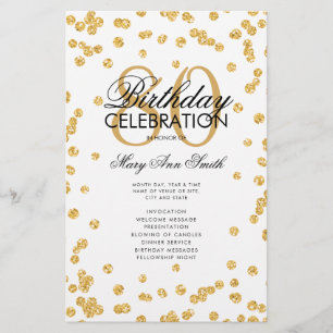 80th Birthday Party Program Gold Glitter w/ Menu