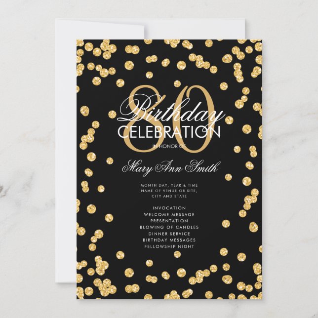 80th Birthday Party Program Gold Glitter w/ Menu (Front)