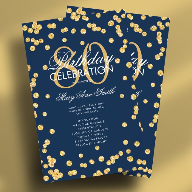 80th Birthday Party Program Gold Navy Glitter Menu (80th Birthday Party Program Gold Navy Glitter Menu Flyer)