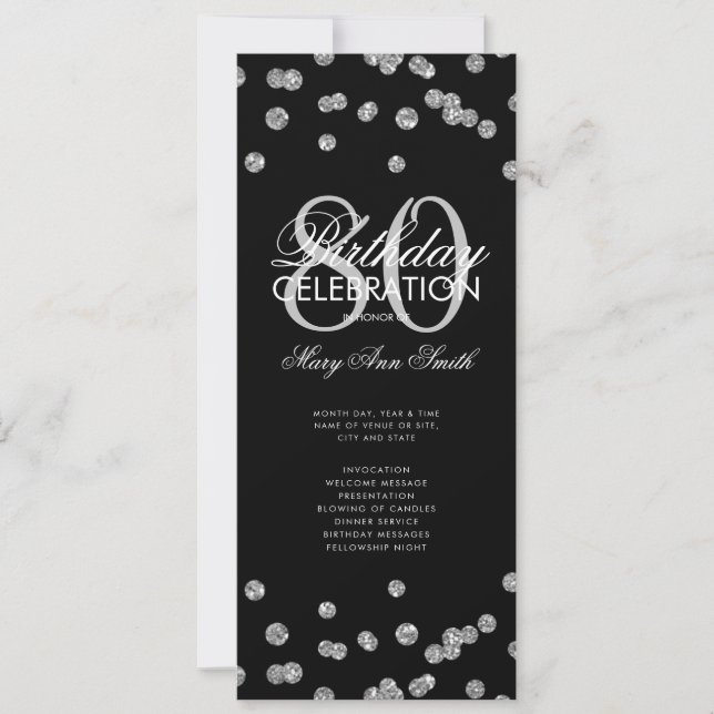 80th Birthday Party Program Silver Glitter Menu (Front)