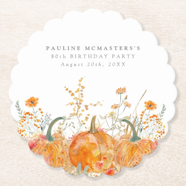 80th Birthday Party Pumpkin Wildflower Custom Paper Coaster (Front)