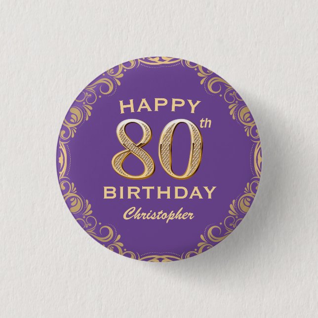 80th Birthday Party Purple and Gold Glitter Frame 3 Cm Round Badge (Front)
