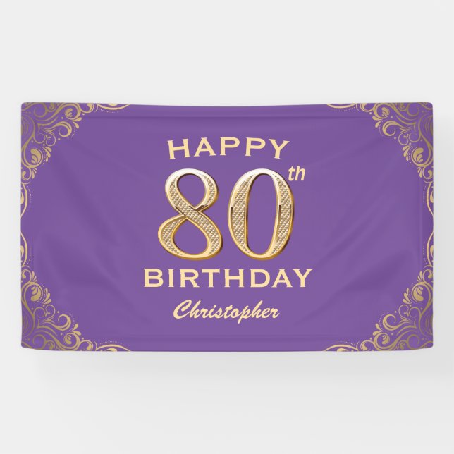 80th Birthday Party Purple and Gold Glitter Frame Banner (Horizontal)