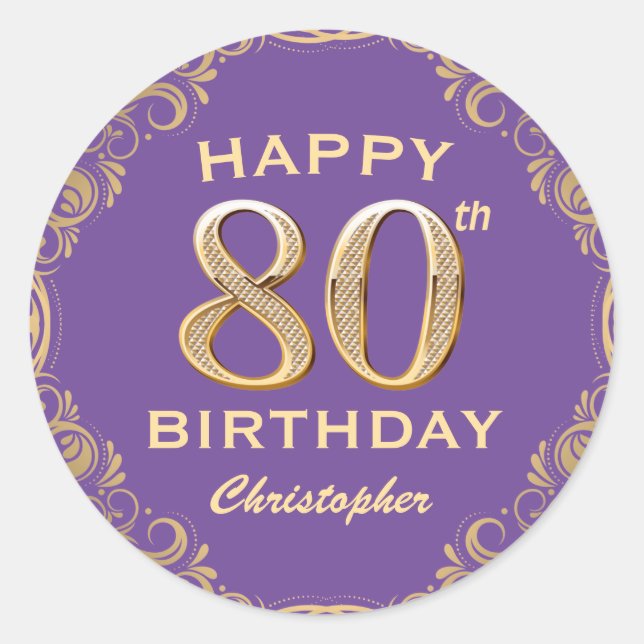 80th Birthday Party Purple and Gold Glitter Frame Classic Round Sticker (Front)