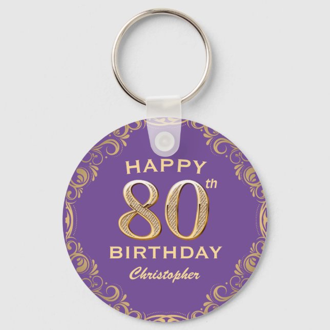 80th Birthday Party Purple and Gold Glitter Frame Key Ring (Front)