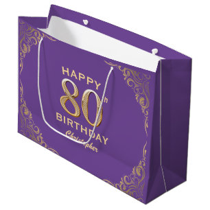 80th Birthday Party Purple and Gold Glitter Frame Large Gift Bag