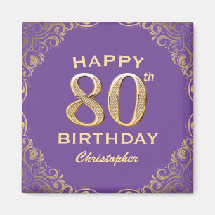 80th Birthday Party Purple and Gold Glitter Frame Magnet