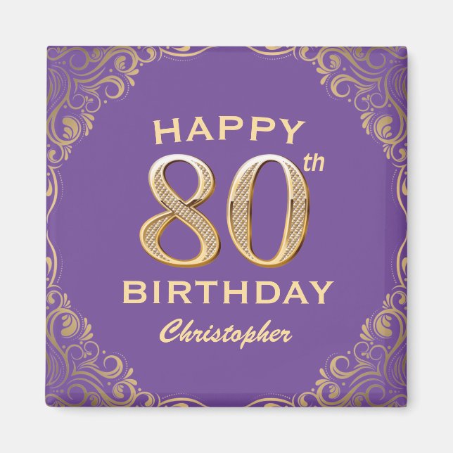 80th Birthday Party Purple and Gold Glitter Frame Magnet (Front)